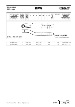 L2
BESTELNUMMER
N° DE CDE
ORDER NUMBER
BESTELLNR
N° REFERENCIA
BLADEN
LAMES
LEAVES
BLATT.
HOJAS
BR
LRG
WID
BR
ANC
B J L3 K
OPMERKINGEN
REMARQUES
REMARKS
BERMERKUNGEN
ANOTACIONES
CATALOGUS
L1 D1
PAK
EP
TH
PAK
PAQ
DETAILS
EDIT : BPW0209
LR5811.2VORM*:
( *) Vorm : Forme/Schape/Form
(V) voor :
(A) achter :
avant ; front ; Vorne
arrière ; rear ; Hinten
F179Z217ZL75 1 100 575 200 70 1/50S30 L/G L(B) mont = 50
F179Z217ZR75 1 100 575 200 70 1/50S30 R/D L(B) mont = 5
Pag.13BPWWeweler-Colaert NV E-mail: info@colaert.be
Olv004
 