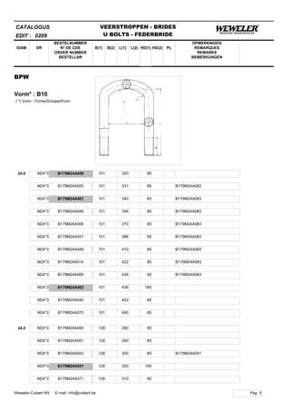 B(1)
BESTELNUMMER
N° DE CDE
ORDER NUMBER
BESTELLNR
DIAM B(2) L(1)
CATALOGUS
DR L(2) HD(1)
VEERSTROPPEN - BRIDES
U BOLTS - FEDERBRIDE
HD(2) PL
OPMERKINGEN
REMARQUES
REMARKS
BEMERKUNGEN
BPW
Vorm* : B10
EDIT : 0209
( *) Vorm : Forme/Schape/Form
24.0 M24*3 B179M24A056 101 320 85
M24*3 B179M24A055 101 331 85 B179M24A083
M24*3 B179M24A067 101 340 85 B179M24A083
M24*3 B179M24A046 101 356 85 B179M24A083
M24*3 B179M24A068 101 370 85 B179M24A083
M24*3 B179M24A057 101 386 85 B179M24A083
M24*3 B179M24A049 101 410 85 B179M24A083
M24*3 B179M24A014 101 422 85 B179M24A083
M24*3 B179M24A069 101 436 85 B179M24A083
M24*3 B179M24A083 101 436 185
M24*3 B179M24A040 101 452 85
M24*3 B179M24A070 101 490 85
24.0 M24*3 B179M24A090 128 280 85
M24*3 B179M24A091 128 290 85
M24*3 B179M24A043 128 300 85 B179M24A051
M24*3 B179M24A051 128 300 100
M24*3 B179M24A071 128 310 85
Pag. 5Weweler-Colaert NV E-mail: info@colaert.be
 