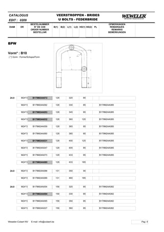 B(1)
BESTELNUMMER
N° DE CDE
ORDER NUMBER
BESTELLNR
DIAM B(2) L(1)
CATALOGUS
DR L(2) HD(1)
VEERSTROPPEN - BRIDES
U BOLTS - FEDERBRIDE
HD(2) PL
OPMERKINGEN
REMARQUES
REMARKS
BEMERKUNGEN
BPW
Vorm* : B10
EDIT : 0209
( *) Vorm : Forme/Schape/Form
24.0 M24*3 B179M24A072 128 320 85
M24*3 B179M24A092 128 330 85 B179M24A085
M24*3 B179M24A053 128 345 85 B179M24A085
M24*3 B179M24A032 128 360 120 B179M24A085
M24*3 B179M24A059 128 365 85 B179M24A085
M24*3 B179M24A060 128 385 85 B179M24A085
M24*3 B179M24A031 128 400 120 B179M24A085
M24*3 B179M24A047 128 405 85 B179M24A085
M24*3 B179M24A073 128 433 85 B179M24A085
M24*3 B179M24A085 128 433 185
24.0 M24*3 B179M24A088 131 350 90
M24*3 B179M24A089 131 460 185
24.0 M24*3 B179M24A054 156 320 85 B179M24A082
M24*3 B179M24A094 156 330 85 B179M24A082
M24*3 B179M24A095 156 350 85 B179M24A082
M24*3 B179M24A027 156 360 85 B179M24A082
Pag. 6Weweler-Colaert NV E-mail: info@colaert.be
 