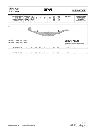 BESTELNUMMER
N° DE CDE
ORDER NUMBER
BESTELLNR
BLADEN
LAMES
LEAVES
BLATT.
BR
LRG
WID
BR
B C D1 D2
PH
FL
FA
SP
PAK
EP
TH
PAK
CATALOGUS
EDIT :
BPW0209
DETAILS OPMERKINGEN
REMARQUES
REMARKS
BEMERKUNGEN
-
A03.13VORM*:(V) voor :
(A) achter :
avant ; front ; Vorne
arrière ; rear ; Hinten
( *) Vorm : Forme/Schape/Form
A179Z142ZA75 13 80 600 670 28 -- 120 130 13/10
A179Z041ZA75 11 80 605 750 28 -- 80 132 11/12
Pag.1BPWWeweler-Colaert NV E-mail: info@colaert.be
Olv003
 