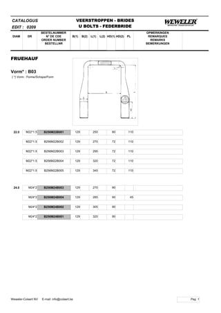 B(1)
BESTELNUMMER
N° DE CDE
ORDER NUMBER
BESTELLNR
DIAM B(2) L(1)
CATALOGUS
DR L(2) HD(1)
VEERSTROPPEN - BRIDES
U BOLTS - FEDERBRIDE
HD(2) PL
OPMERKINGEN
REMARQUES
REMARKS
BEMERKUNGEN
FRUEHAUF
Vorm* : B03
EDIT : 0209
( *) Vorm : Forme/Schape/Form
22.0 M22*1.5 B256M22B001 129 250 80 110
M22*1.5 B256M22B002 129 270 72 110
M22*1.5 B256M22B003 129 295 72 110
M22*1.5 B256M22B004 129 320 72 110
M22*1.5 B256M22B005 129 345 72 110
24.0 M24*2 B256M24B003 129 270 90
M24*2 B256M24B004 129 285 90 45
M24*2 B256M24B002 129 305 90
M24*2 B256M24B001 129 320 90
Pag. 1Weweler-Colaert NV E-mail: info@colaert.be
 