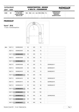 B(1)
BESTELNUMMER
N° DE CDE
ORDER NUMBER
BESTELLNR
DIAM B(2) L(1)
CATALOGUS
DR L(2) HD(1)
VEERSTROPPEN - BRIDES
U BOLTS - FEDERBRIDE
HD(2) PL
OPMERKINGEN
REMARQUES
REMARKS
BEMERKUNGEN
FRUEHAUF
Vorm* : B16
EDIT : 0209
( *) Vorm : Forme/Schape/Form
22.0 M22*1.5 B256M22A003 80 280 70
M22*1.5 B256M22A004 80 300 70
M22*1.5 B256M22A005 80 305 70
M22*1.5 B256M22A006 80 320 70
M22*1.5 B256M22A007 80 330 70
M22*1.5 B256M22A008 80 340 70 B256M22A011
M22*1.5 B256M22A009 80 355 70 B256M22A011
M22*1.5 B256M22A010 80 375 70 B256M22A011
M22*1.5 B256M22A011 80 380 100
M22*1.5 B256M22A012 80 400 70 B256M22A015
M22*1.5 B256M22A013 80 405 70 B256M22A015
M22*1.5 B256M22A014 80 420 80 B256M22A015
M22*1.5 B256M22A015 80 430 100
M22*1.5 B256M22A021 80 430 180
M22*1.5 B256M22A016 80 455 80 B256M22A022
M22*1.5 B256M22A022 80 460 180
M22*1.5 B256M22A017 80 480 80
Pag. 3Weweler-Colaert NV E-mail: info@colaert.be
 