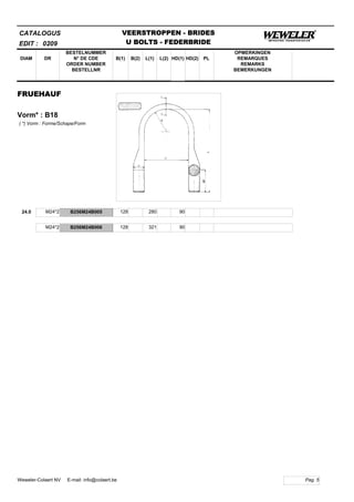 B(1)
BESTELNUMMER
N° DE CDE
ORDER NUMBER
BESTELLNR
DIAM B(2) L(1)
CATALOGUS
DR L(2) HD(1)
VEERSTROPPEN - BRIDES
U BOLTS - FEDERBRIDE
HD(2) PL
OPMERKINGEN
REMARQUES
REMARKS
BEMERKUNGEN
FRUEHAUF
Vorm* : B18
EDIT : 0209
( *) Vorm : Forme/Schape/Form
24.0 M24*2 B256M24B005 128 280 90
M24*2 B256M24B006 128 321 90
Pag. 5Weweler-Colaert NV E-mail: info@colaert.be
 
