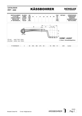 L2
BESTELNUMMER
N° DE CDE
ORDER NUMBER
BESTELLNR
N° REFERENCIA
BLADEN
LAMES
LEAVES
BLATT.
HOJAS
BR
LRG
WID
BR
ANC
B J L3 K
OPMERKINGEN
REMARQUES
REMARKS
BERMERKUNGEN
ANOTACIONES
CATALOGUS
L1 D1
PAK
EP
TH
PAK
PAQ
DETAILS
EDIT : KÄSSBOHRER0209
LK4527VORM*:
( *) Vorm : Forme/Schape/Form
(V) voor :
(A) achter :
avant ; front ; Vorne
arrière ; rear ; Hinten
F170Z059ZA70 2 80 550 380 270 80 55 2/38R65 81 Lenker
Pag.1KÄSSBOHRERWeweler-Colaert NV E-mail: info@colaert.be
Olv004
 