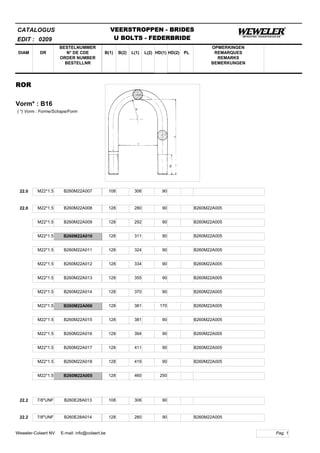 B(1)
BESTELNUMMER
N° DE CDE
ORDER NUMBER
BESTELLNR
DIAM B(2) L(1)
CATALOGUS
DR L(2) HD(1)
VEERSTROPPEN - BRIDES
U BOLTS - FEDERBRIDE
HD(2) PL
OPMERKINGEN
REMARQUES
REMARKS
BEMERKUNGEN
ROR
Vorm* : B16
EDIT : 0209
( *) Vorm : Forme/Schape/Form
22.0 M22*1.5 B260M22A007 108 306 90
22.0 M22*1.5 B260M22A008 128 280 90 B260M22A005
M22*1.5 B260M22A009 128 292 90 B260M22A005
M22*1.5 B260M22A010 128 311 90 B260M22A005
M22*1.5 B260M22A011 128 324 90 B260M22A005
M22*1.5 B260M22A012 128 334 90 B260M22A005
M22*1.5 B260M22A013 128 355 90 B260M22A005
M22*1.5 B260M22A014 128 370 90 B260M22A005
M22*1.5 B260M22A006 128 381 170 B260M22A005
M22*1.5 B260M22A015 128 381 90 B260M22A005
M22*1.5 B260M22A016 128 394 90 B260M22A005
M22*1.5 B260M22A017 128 411 90 B260M22A005
M22*1.5 B260M22A018 128 419 90 B260M22A005
M22*1.5 B260M22A005 128 460 250
22.2 7/8"UNF B260E28A013 108 306 90
22.2 7/8"UNF B260E28A014 128 280 90 B260M22A005
Pag. 1Weweler-Colaert NV E-mail: info@colaert.be
 