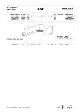 L2
BESTELNUMMER
N° DE CDE
ORDER NUMBER
BESTELLNR
N° REFERENCIA
BLADEN
LAMES
LEAVES
BLATT.
HOJAS
BR
LRG
WID
BR
ANC
B J L3 K
OPMERKINGEN
REMARQUES
REMARKS
BERMERKUNGEN
ANOTACIONES
CATALOGUS
L1 D1
PAK
EP
TH
PAK
PAQ
DETAILS
EDIT : SAF0209
LR0268VORM*:
( *) Vorm : Forme/Schape/Form
(V) voor :
(A) achter :
avant ; front ; Vorne
arrière ; rear ; Hinten
F188Z020ZA75 2 100 530 422 375 52 2/38S30 80 Lenker
Pag.4SAFWeweler-Colaert NV E-mail: info@colaert.be
Olv004
 