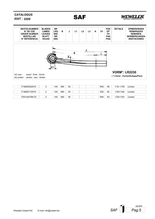 L2
BESTELNUMMER
N° DE CDE
ORDER NUMBER
BESTELLNR
N° REFERENCIA
BLADEN
LAMES
LEAVES
BLATT.
HOJAS
BR
LRG
WID
BR
ANC
B J L3 K
OPMERKINGEN
REMARQUES
REMARKS
BERMERKUNGEN
ANOTACIONES
CATALOGUS
L1 D1
PAK
EP
TH
PAK
PAQ
DETAILS
EDIT : SAF0209
LR2230VORM*:
( *) Vorm : Forme/Schape/Form
(V) voor :
(A) achter :
avant ; front ; Vorne
arrière ; rear ; Hinten
F188Z004ZA75 2 100 580 55 1/18 +1/45R40 69 Lenker
F188Z017ZA75 2 100 580 55 1/30+1/46S30 82 Lenker
F001A037BC75 2 100 580 55 1/35+1/45R40 83 Lenker
Pag.5SAFWeweler-Colaert NV E-mail: info@colaert.be
Olv004
 