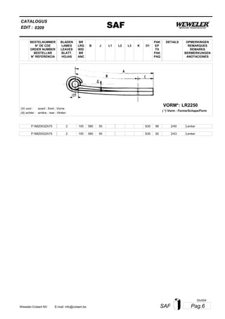 L2
BESTELNUMMER
N° DE CDE
ORDER NUMBER
BESTELLNR
N° REFERENCIA
BLADEN
LAMES
LEAVES
BLATT.
HOJAS
BR
LRG
WID
BR
ANC
B J L3 K
OPMERKINGEN
REMARQUES
REMARKS
BERMERKUNGEN
ANOTACIONES
CATALOGUS
L1 D1
PAK
EP
TH
PAK
PAQ
DETAILS
EDIT : SAF0209
LR2250VORM*:
( *) Vorm : Forme/Schape/Form
(V) voor :
(A) achter :
avant ; front ; Vorne
arrière ; rear ; Hinten
F188Z003ZA75 2 100 580 55 2/40S30 86 Lenker
F188Z002ZA75 2 100 580 55 2/43S30 92 Lenker
Pag.6SAFWeweler-Colaert NV E-mail: info@colaert.be
Olv004
 