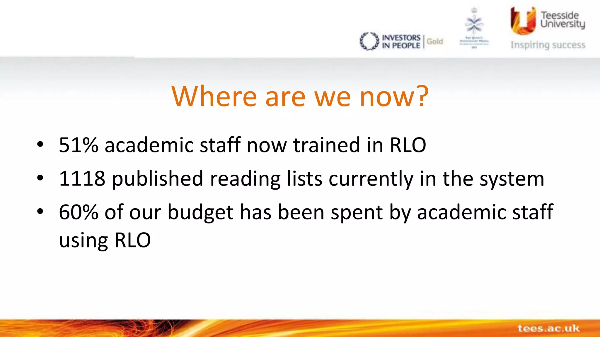 Where are we now?
• 51% academic staff now trained in RLO
• 1118 published reading lists currently in the system
• 60% of our budget has been spent by academic staff
using RLO
 