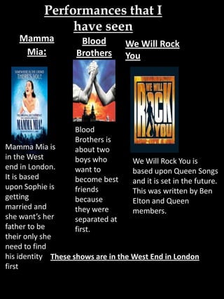 Performances that I
have seen
Mamma
Mia:
Mamma Mia is
in the West
end in London.
It is based
upon Sophie is
getting
married and
she want’s her
father to be
their only she
need to find
his identity
first
Blood
Brothers
Blood
Brothers is
about two
boys who
want to
become best
friends
because
they were
separated at
first.
We Will Rock
You
We Will Rock You is
based upon Queen Songs
and it is set in the future.
This was written by Ben
Elton and Queen
members.
These shows are in the West End in London
 