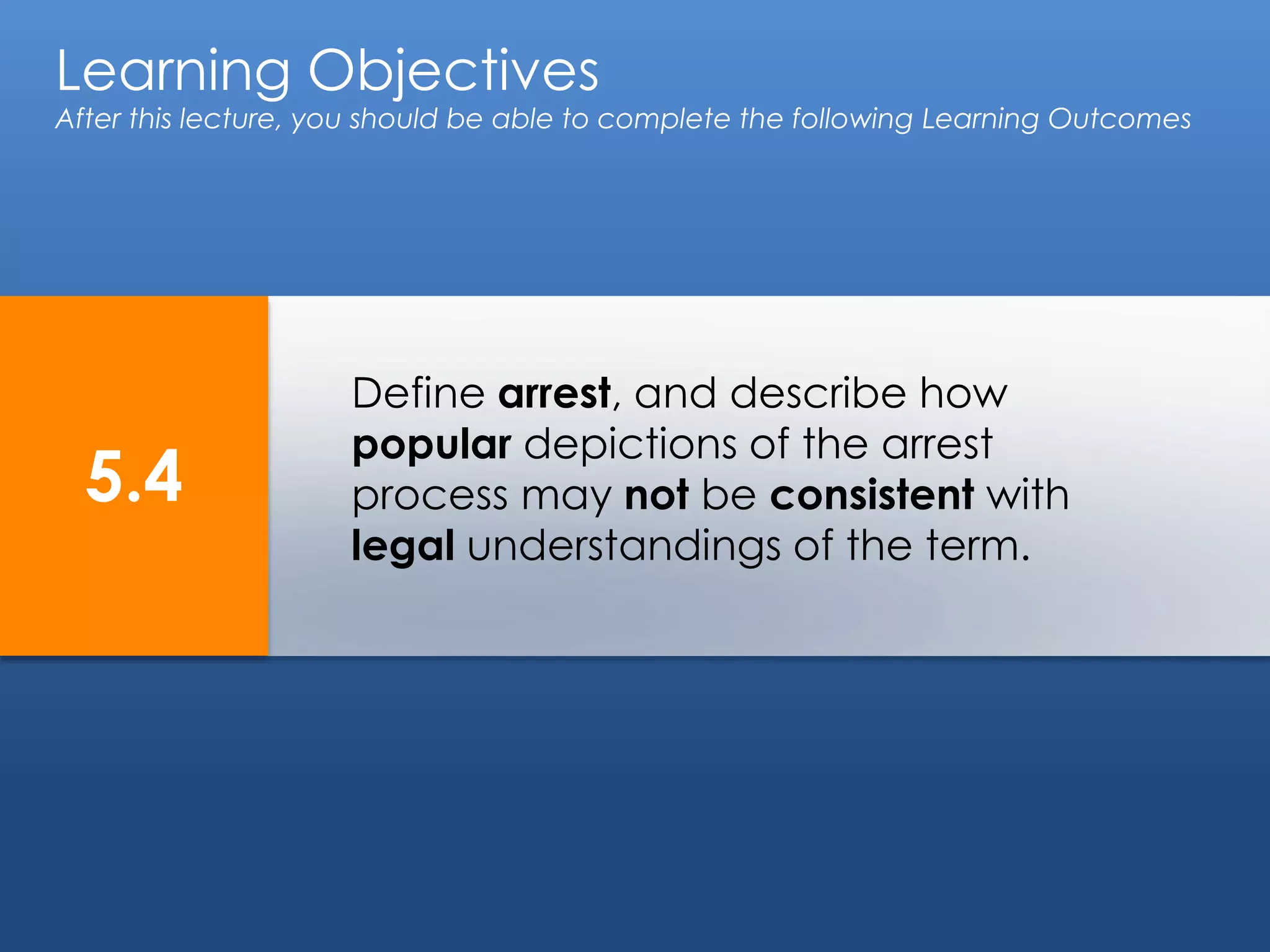Learning Objectives
After this lecture, you should be able to complete the following Learning Outcomes
5.4
Define arrest, and describe how
popular depictions of the arrest
process may not be consistent with
legal understandings of the term.
 