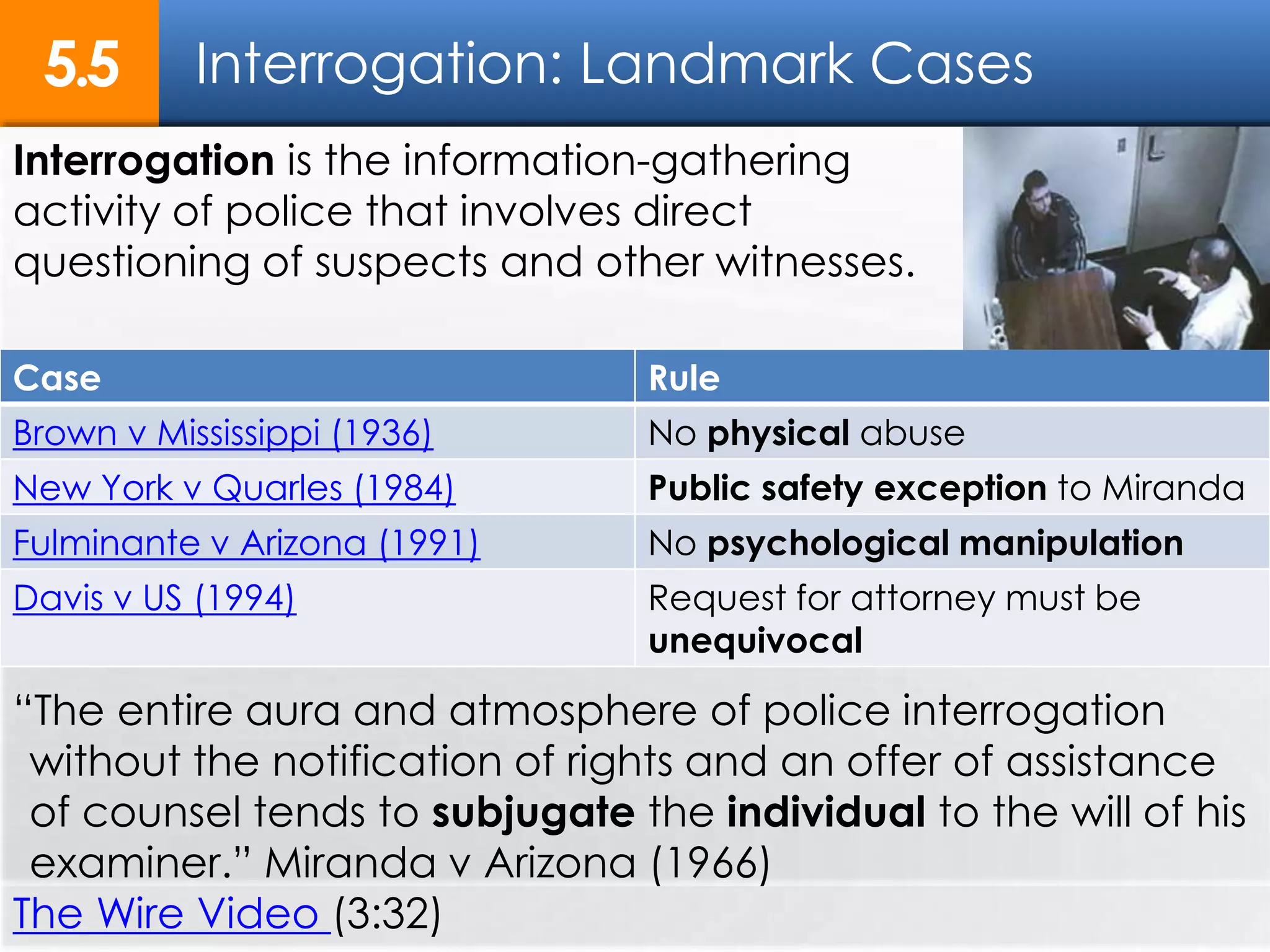 Interrogation: Landmark Cases5.5
Case Rule
Brown v Mississippi (1936) No physical abuse
New York v Quarles (1984) Public safety exception to Miranda
Fulminante v Arizona (1991) No psychological manipulation
Davis v US (1994) Request for attorney must be
unequivocal
Interrogation is the information-gathering
activity of police that involves direct
questioning of suspects and other witnesses.
“The entire aura and atmosphere of police interrogation
without the notification of rights and an offer of assistance
of counsel tends to subjugate the individual to the will of his
examiner.” Miranda v Arizona (1966)
The Wire Video (3:32)
 
