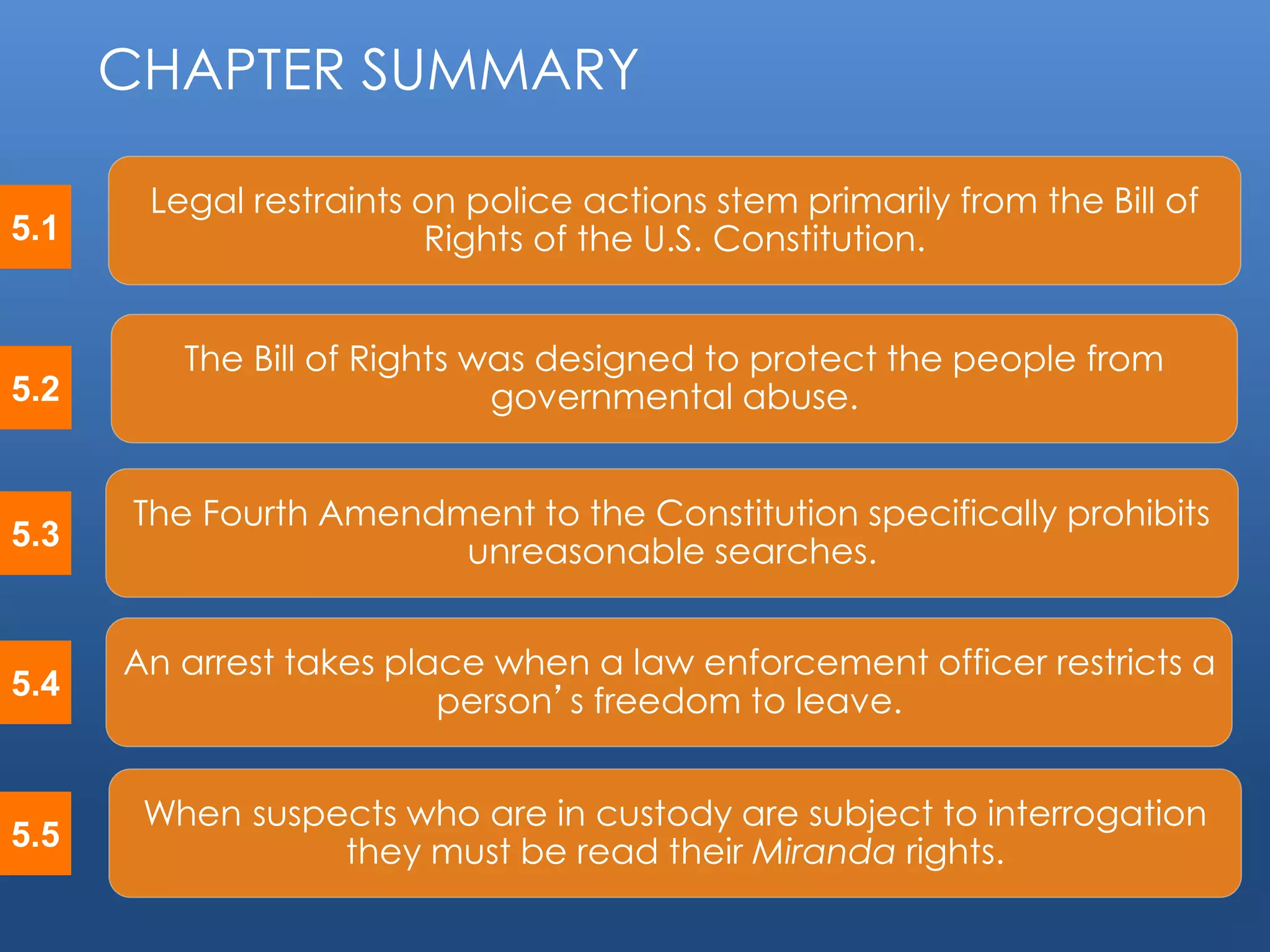 © 2014 by Pearson Higher Education, Inc
Upper Saddle River, New Jersey 07458 • All Rights Reserved
5.1
5.2
5.3
5.4
The Fourth Amendment to the Constitution specifically prohibits
unreasonable searches.
The Bill of Rights was designed to protect the people from
governmental abuse.
Legal restraints on police actions stem primarily from the Bill of
Rights of the U.S. Constitution.
An arrest takes place when a law enforcement officer restricts a
person’s freedom to leave.
CHAPTER SUMMARY
When suspects who are in custody are subject to interrogation
they must be read their Miranda rights.5.5
 