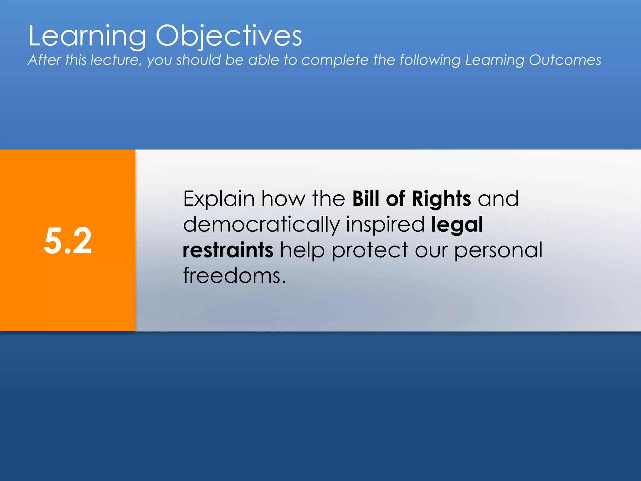 Learning Objectives
After this lecture, you should be able to complete the following Learning Outcomes
5.2
Explain how the Bill of Rights and
democratically inspired legal
restraints help protect our personal
freedoms.
 