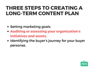 THREE STEPS TO CREATING A
LONG-TERM CONTENT PLAN
Setting marketing goals.
Auditing or assessing your organization’s
initiatives and assets.
Identifying the buyer’s journey for your buyer
personas.
 