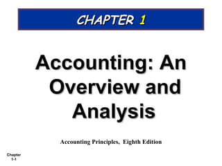 Chapter
1-1
CHAPTERCHAPTER 11
Accounting: AnAccounting: An
Overview andOverview and
AnalysisAnalysis
Accounting Principles, Eighth Edition
 