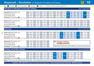 59
Mondays to Saturdays (except Public Holidays) from 6 April 2014
Weymouth (King’s Statue, K3) 0600 0619 0638 0653 0721 0740 0757 0812 0827 0842 0900 0915 30 45 00 15 1500
Radipole (Spa Hotel) 0605 0624 0643 0658 0727 0746 0803 0818 0833 0848 0906 0921 36 51 06 21 1506
Upwey (Elwell Street) 0612 0631 0650 0705 0736 0755 0812 0827 0842 0857 0915 0929 44 59 14 29 1514
Dorchester (Trinity Street)G(see list in box) 0623 0642 0701 0716 0751 0810 0827 0842 0857 0912 0928 0942 57 12 27 42 1527
Weymouth (King’s Statue, K3) 1515 1530 1545 1600 1616 1632 1647 1702 1718 1733 1749 1805 1820 1835 1930 2030 2130 2230 2330
Radipole (Spa Hotel) 1522 1537 1552 1607 1623 1639 1654 1709 1725 1740 1756 1812 1827 1842 1935 2035 2135 2235 2335
Upwey (Elwell Street) 1532 1547 1602 1617 1633 1649 1704 1719 1735 1750 1806 1822 1837 1852 1942 2042 2142 2242 2342
Dorchester (Trinity Street)G(see list in box) 1545 1600 1615 1630 1646 1702 1717 1732 1748 1803 1819 1835 1850 1903 1953 2053 2153 2253 2353
Saturdays from 6 April 2014
Weymouth (King’s Statue, K3) 0611 0641 0710 0745 0815 0845 0900 0915 0930 0945 00 15 30 45 1700 1715 1730
Radipole (Spa Hotel) 0616 0646 0715 0750 0820 0851 0906 0921 0936 0951 06 21 36 51 1706 1721 1736
Upwey (Elwell Street) 0624 0654 0723 0758 0828 0859 0914 0929 0944 0959 14 29 44 59 1714 1729 1744
Dorchester (Trinity Street)G(see list in box) 0635 0705 0734 0809 0839 0912 0927 0942 0957 1012 27 42 57 12 1727 1742 1757
Weymouth (King’s Statue, K3) 1800 1830 1930 2030 2130 2230 2330
Radipole (Spa Hotel) 1805 1835 1935 2035 2135 2235 2335
Upwey (Elwell Street) 1813 1843 1943 2043 2143 2243 2343
Dorchester (Trinity Street)G(see list in box) 1824 1854 1954 2054 2154 2254 2354
Sundays and Public Holidays from 6 April 2014
Weymouth (King’s Statue, K3) 0700 0800 0900 0930 1000 1030 1100 1130 00 30 1600 1630 1700 1800 1900
Radipole (Spa Hotel) 0705 0805 0905 0935 1005 1035 1106 1136 06 36 1606 1636 1705 1805 1905
Upwey (Elwell Street) 0713 0813 0913 0943 1013 1043 1114 1144 14 44 1614 1644 1713 1813 1913
Dorchester (Trinity Street)G(see list in box) 0724 0824 0924 0954 1024 1054 1127 1157 27 57 1627 1657 1724 1824 1924
Notes: Times in grey are approximate timings only - you are advised to be at the bus stop several minutes before the times shown
Then
at
these
mins
until
Then
at
these
mins
until
Then
at
these
mins
until
traveline - 0871 200 22 33 (calls from landlines cost 10p per min) First in Dorset & South Somerset - 0870 010 60 22
Weymouth – Dorchester via Radipole, Broadwey and Upwey 10
LOW
FLOOR
BUS
= MuseumsKey: = Activities = Houses and gardens For full list of attractions please see pages14-18= Sights
G- Dorchester attractions
G22 G56 G65 G83 G85 G86 G87 G89
Please see Dorchester town map on page 31 for most convenient stop
 