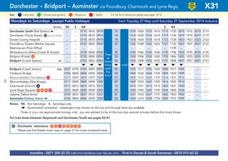 ©p1ndar© p1ndar
Mondays to Saturdays (except Public Holidays) from Tuesday 27 May until Saturday 27 September 2014 inclusive
Notes: NS S NS S NS
Dorchester South (Rail Station) a .... .... 0710 0810 0910 10 1310 1426 1510 1610 1715 1720 1815 1915 2015 2115
Dorchester (Trinity Street) G(see list below) .... .... 0714 0814 0914 14 1314 1430 1514 1614 1719 1724 1819 1919 2019 2119
Dorset County Hospital .... .... 0718 0818 0918 18 1318 1434 1518 1618 1723 1728 1823 1923 2023 2123
Poundbury (Queen Mother Square) .... .... 0722 0822 0922 then 22 1322 1438 1522 1622 1727 1732 1827 1927 2027 2127
Martinstown (Post Office) .... .... .... .... .... every .... .... .... .... .... .... 1739 .... .... .... ....
Winterbourne Abbas (Coach & Horses) .... .... 0730 0830 0930 hour 30 1330 1446 1530 1630 1735 1746 1835 1935 2035 2135
Bridport (Frosts) G14 .... .... 0750 0850 0950 at 50 1350 1506 1550 1650 1755 1806 1855 1955 2055 2155
Bridport (Coach Station) arr .... .... 0752 0852 0952 these 52 until 1352 1508 1552 1652 1757 1808 1857 1957 2057 2157
M M M M M M M M M M M
Bridport (Coach Station) dep 0657 0755 0755 0855 0955 mins 55 1355 1511 1555 1655 1800 1811 1900 .... .... ....
Chideock Bridge 0706 0804 0804 0904 1004 past 04 1404 1520 1604 1704 1809 1820 1909 .... .... ....
Morcombelake (The Bakery) G33 0711 0809 0809 0909 1009 each 09 1409 1525 1609 1709 1814 1825 1914 .... .... ....
Morcombelake (Ship Knapp) 0711 0809 0809 0909 1009 each 09 1409 1525 1609 1709 1814 1825 1914 .... .... ....
Charmouth (Church) G16 0717 0815 0815 0915 1015 hour 15 1415 1531 1615 1715 1820 1831 1920 .... .... ....
Lyme Regis (Square) G21 G46 G47 G84 0731 0829 0829 0929 1029 29 1429 1545 1629 1729 1834 1845 1934 .... .... ....
Uplyme (Talbot Arms) 0739 0837 0837 0937 1037 37 1437 1553 1637 1737 1842 1853 1942 .... .... ....
Axminster Railway Station a 0756 0854 0854 0954 1054 54 1454 1610 1654 1754 1859 1910 1959 .... .... ....
Notes: NS - Not Saturdays S - Saturdays only
M- Guaranteed connection - passengers may remain on the bus and through fares are available
Times in grey are approximate timings only - you are advised to be at the bus stop several minutes before the times shown
For train times between Weymouth and Dorchester South see pages 92-93
Then
at
these
mins
past
the
hour
until
Dorchester – Bridport – Axminster via Poundbury, Charmouth and Lyme Regis X31
= MuseumsKey: = Activities = Houses and gardens For full list of attractions please see pages 14-18= Sights
LOW
FLOOR
BUS
traveline - 0871 200 22 33 (calls from landlines cost 10p per min) First in Dorset & South Somerset - 0870 010 60 22
G- Dorchester attractions G22 G56 G65 G83 G85 G86 G87 G89
Please see Dorchester town map on page 31 for most convenient stop
76
 