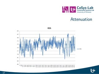 Signal Strength 
RSSd = PrdBm = 10 log Pr (d0)  10np log 
d 
d0 
+ X 
16 
 