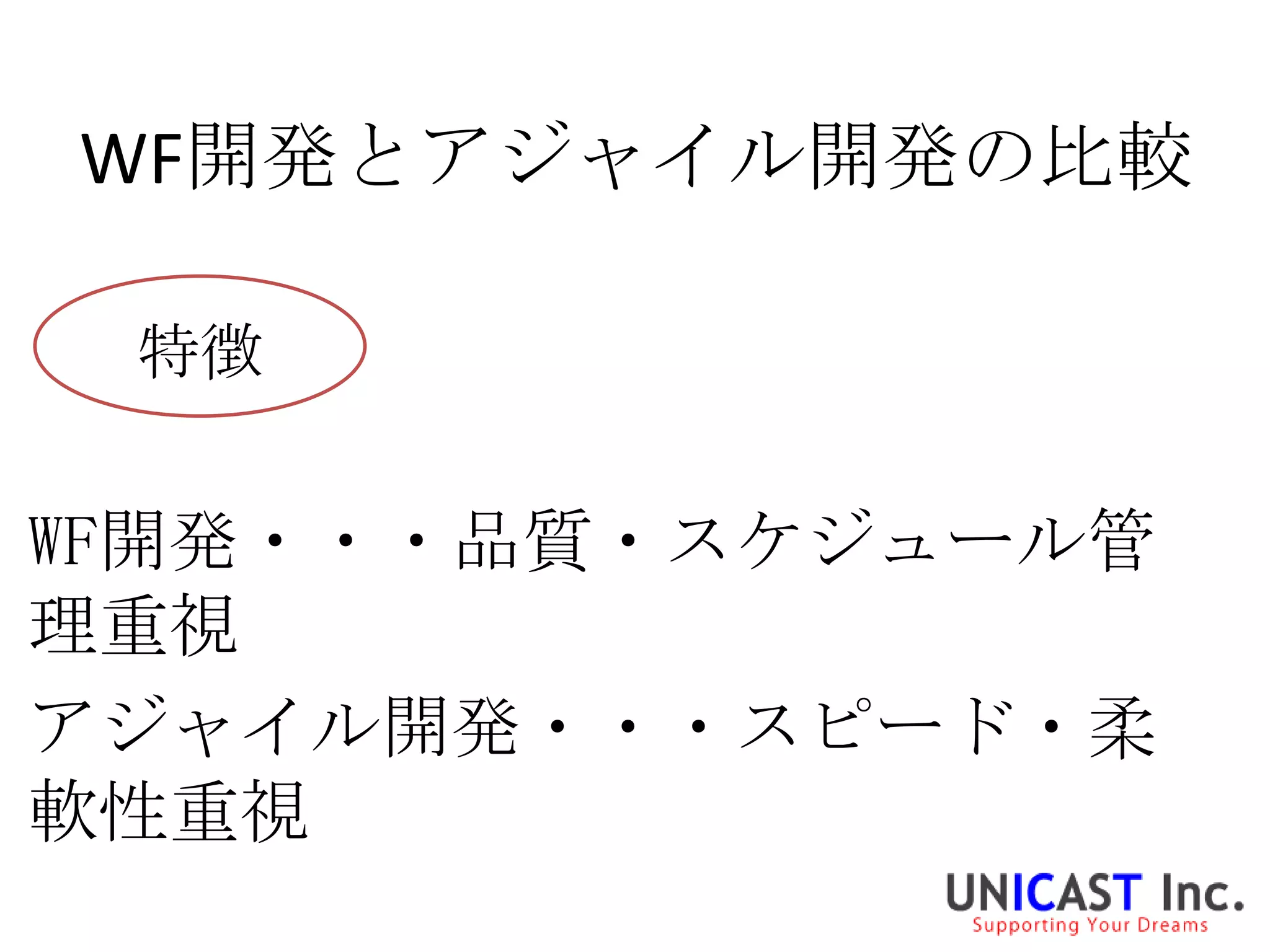 WF開発とアジャイル開発の比較

 特徴


WF開発・・・品質・スケジュール管
理重視
アジャイル開発・・・スピード・柔
軟性重視
 