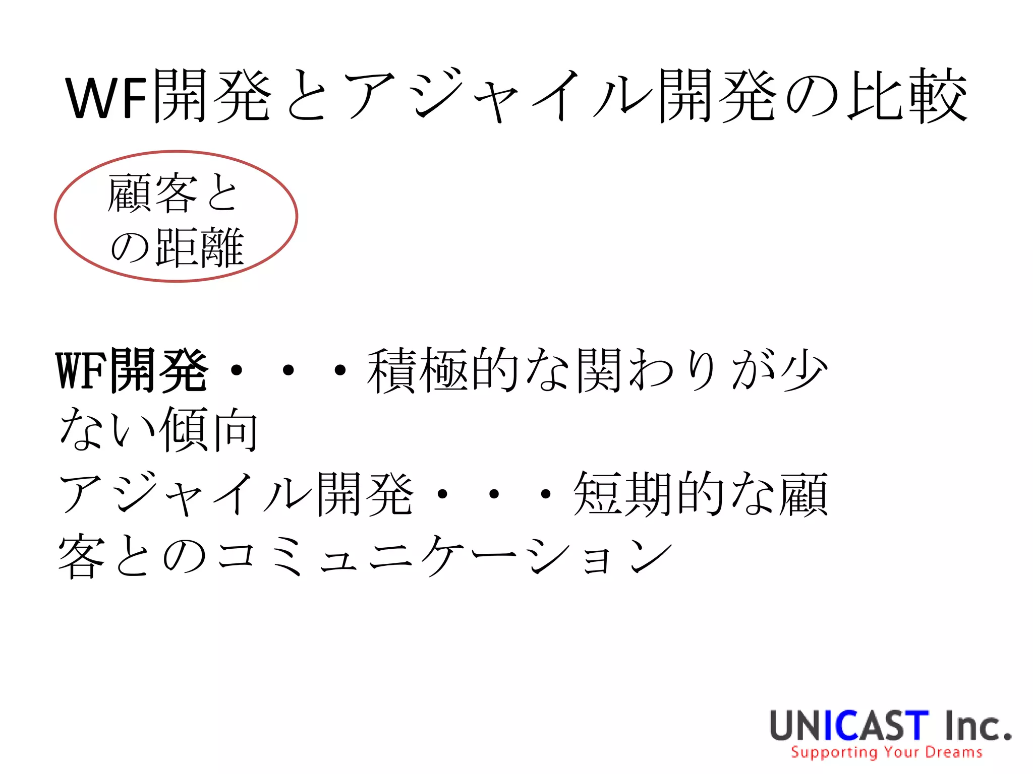 WF開発とアジャイル開発の比較
 顧客と
 の距離

WF開発・・・積極的な関わりが尐
ない傾向
アジャイル開発・・・短期的な顧
客とのコミュニケーション
 