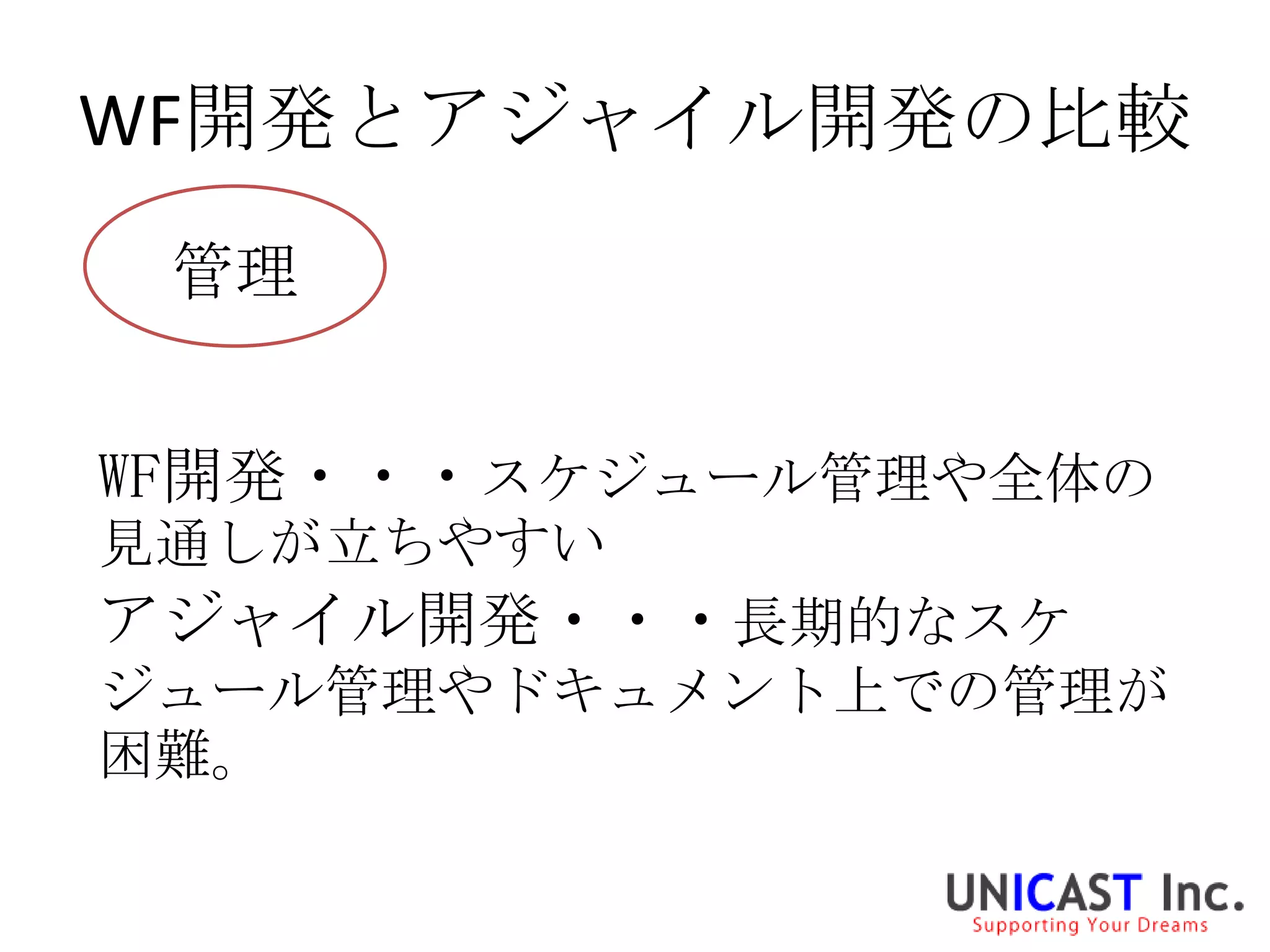 WF開発とアジャイル開発の比較
 管理


WF開発・・・スケジュール管理や全体の
見通しが立ちやすい
アジャイル開発・・・長期的なスケ
ジュール管理やドキュメント上での管理が
困難。
 