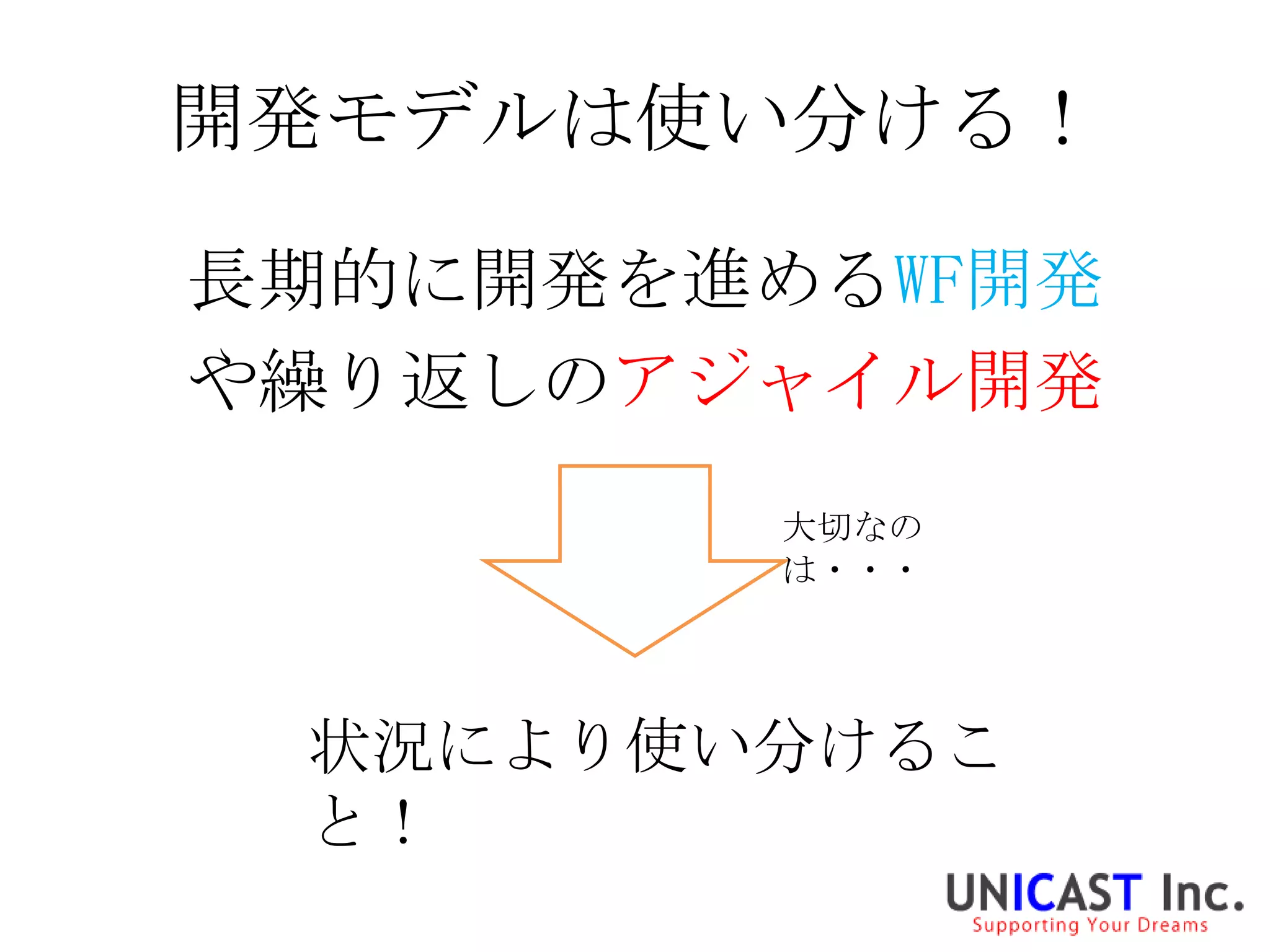 開発モデルは使い分ける！

長期的に開発を進めるWF開発
や繰り返しのアジャイル開発
         大切なの
         は・・・




 状況により使い分けるこ
 と！
 