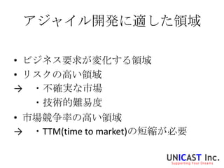 アジャイル開発に適した領域

• ビジネス要求が変化する領域
• リスクの高い領域
→ ・不確実な市場
   ・技術的難易度
• 市場競争率の高い領域
→ ・TTM(time to market)の短縮が必要
 