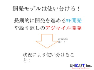 開発モデルは使い分ける！

長期的に開発を進めるWF開発
や繰り返しのアジャイル開発
         大切なの
         は・・・




 状況により使い分けるこ
 と！
 