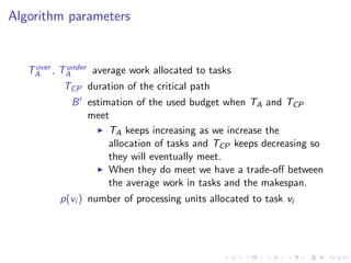Algorithm parameters


    over under average work allocated to tasks
   TA , TA
          TCP duration of the critical path
            B estimation of the used budget when TA and TCP
              meet
                   TA keeps increasing as we increase the
                   allocation of tasks and TCP keeps decreasing so
                   they will eventually meet.
                   When they do meet we have a trade-oﬀ between
                   the average work in tasks and the makespan.
         p(vi ) number of processing units allocated to task vi
 