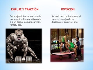EMPUJE Y TRACCIÓN
Estos ejercicios se realizan de
manera simultanea, alternada
o a un brazo, como lagartijas,
remos, etc.
ROTACIÓN
Se realizan con los brazos al
frente, trabajando en
diagonales, en pívot, etc.
 