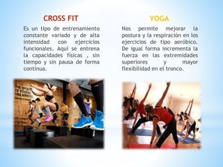 CROSS FIT
Es un tipo de entrenamiento
constante variado y de alta
intensidad con ejercicios
funcionales. Aquí se entrena
la capacidades físicas , sin
tiempo y sin pausa de forma
continua.
YOGA
Nos permite mejorar la
postura y la respiración en los
ejercicios de tipo aeróbico.
De igual forma incrementa la
fuerza en las extremidades
superiores y mayor
flexibilidad en el tronco.
 