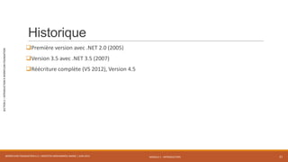 MODULE 1 - INTRODUCTION
SECTION2–INTRODUCTIONÀWORKFLOWFOUNDATION
Historique
Première version avec .NET 2.0 (2005)
Version 3.5 avec .NET 3.5 (2007)
Réécriture complète (VS 2012), Version 4.5
WORKFLOW FOUNDATION 4.5 | MOSTEFAI MOHAMMED AMINE | JUIN 2013 21
 