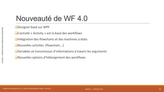 MODULE 1 - INTRODUCTION
SECTION2–INTRODUCTIONÀWORKFLOWFOUNDATION
Nouveauté de WF 4.0
Designer basé sur WPF
L’activité « Activity » est la basé des workflows
Intégration des flowcharts et des machines à états
Nouvelles activités (flowchart,…)
Variables et transmission d’informations à travers les arguments
Nouvelles options d’hébergement des workflows
WORKFLOW FOUNDATION 4.5 | MOSTEFAI MOHAMMED AMINE | JUIN 2013 22
 