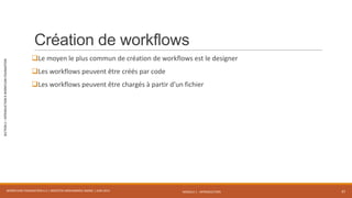 MODULE 1 - INTRODUCTION
SECTION2–INTRODUCTIONÀWORKFLOWFOUNDATION
Création de workflows
Le moyen le plus commun de création de workflows est le designer
Les workflows peuvent être créés par code
Les workflows peuvent être chargés à partir d’un fichier
WORKFLOW FOUNDATION 4.5 | MOSTEFAI MOHAMMED AMINE | JUIN 2013 37
 