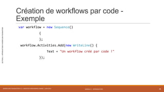 MODULE 1 - INTRODUCTION
SECTION2–INTRODUCTIONÀWORKFLOWFOUNDATION
Création de workflows par code -
Exemple
var workflow = new Sequence()
{
};
workflow.Activities.Add(new WriteLine() {
Text = "Un workflow créé par code !"
});
WORKFLOW FOUNDATION 4.5 | MOSTEFAI MOHAMMED AMINE | JUIN 2013 38
 