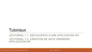 MODULE 1 - INTRODUCTION
Tutoriaux
TUTORIEL 1.1, DÉCOUVERTE D’UNE APPLICATION WF
TUTORIEL 1.2, CRÉATION DE NOTE PREMIÈRE
APPLICATION WF
WORKFLOW FOUNDATION 4.5 | MOSTEFAI MOHAMMED AMINE | JUIN 2013 48
 