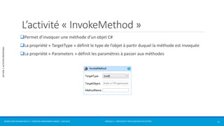 MODULE 2 - CRÉATION ET RÉUTILISATION D’ACTIVITÉS 
SECTION 2: ACTIVITÉS PRÉDÉFINIES 
L’activité « InvokeMethod » 
Permet d’invoquer une méthode d’un objet C# 
La propriété « TargetType » définit le type de l’objet à partir duquel la méthode est invoquée 
La propriété « Parameters » définit les paramètres à passer aux méthodes 
WORKFLOW FOUNDATION 4.5 | MOSTEFAI MOHAMMED AMINE | JUIN 2013 11 
 