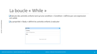 MODULE 2 - CRÉATION ET RÉUTILISATION D’ACTIVITÉS 
SECTION 2: ACTIVITÉS PRÉDÉFINIES 
La boucle «While » 
Exécute des activités enfants tant qu’une condition « Condition » définie par une expression 
est valide 
La propriété « Body » définit les activités enfants à exécuter 
WORKFLOW FOUNDATION 4.5 | MOSTEFAI MOHAMMED AMINE | JUIN 2013 16 
 