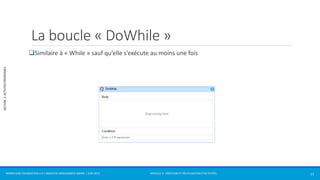 MODULE 2 - CRÉATION ET RÉUTILISATION D’ACTIVITÉS 
SECTION 2: ACTIVITÉS PRÉDÉFINIES 
La boucle « DoWhile » 
Similaire à « While » sauf qu’elle s’exécute au moins une fois 
WORKFLOW FOUNDATION 4.5 | MOSTEFAI MOHAMMED AMINE | JUIN 2013 17 
 