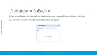 MODULE 2 - CRÉATION ET RÉUTILISATION D’ACTIVITÉS 
SECTION 2: ACTIVITÉS PRÉDÉFINIES 
L’itérateur « FoEach » 
Pour une collection donnée, exécute des activités pour chaque élément de cette collection 
La propriété « Body » définit les activités enfants à exécuter 
WORKFLOW FOUNDATION 4.5 | MOSTEFAI MOHAMMED AMINE | JUIN 2013 18 
 