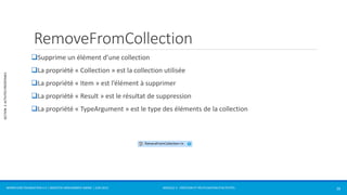 MODULE 2 - CRÉATION ET RÉUTILISATION D’ACTIVITÉS 
SECTION 2: ACTIVITÉS PRÉDÉFINIES 
RemoveFromCollection 
Supprime un élément d’une collection 
La propriété « Collection » est la collection utilisée 
La propriété « Item » est l’élément à supprimer 
La propriété « Result » est le résultat de suppression 
La propriété « TypeArgument » est le type des éléments de la collection 
WORKFLOW FOUNDATION 4.5 | MOSTEFAI MOHAMMED AMINE | JUIN 2013 26 
 