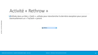MODULE 2 - CRÉATION ET RÉUTILISATION D’ACTIVITÉS 
SECTION 2: ACTIVITÉS PRÉDÉFINIES 
Activité « Rethrow » 
Utilisée dans un bloc « Catch », utilisée pour réenclencher la dernière exception pour passer 
éventuellement un « TryCatch » parent 
WORKFLOW FOUNDATION 4.5 | MOSTEFAI MOHAMMED AMINE | JUIN 2013 30 
 