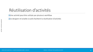 MODULE 2 - CRÉATION ET RÉUTILISATION D’ACTIVITÉS 
SECTION 3: ACTIVITÉS UTILISATEUR 
Réutilisation d’activités 
Une activité peut être utilisée par plusieurs workflow 
Le designer et la boîte à outils facilitent la réutilisation d’activités 
WORKFLOW FOUNDATION 4.5 | MOSTEFAI MOHAMMED AMINE | JUIN 2013 34 
 