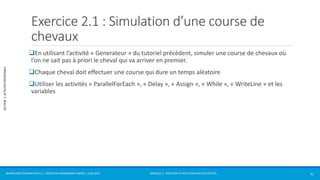 MODULE 2 - CRÉATION ET RÉUTILISATION D’ACTIVITÉS 
SECTION 2: ACTIVITÉS PRÉDÉFINIES 
Exercice 2.1 : Simulation d’une course de 
chevaux 
En utilisant l’activité « Generateur » du tutoriel précédent, simuler une course de chevaux où 
l’on ne sait pas à priori le cheval qui va arriver en premier. 
Chaque cheval doit effectuer une course qui dure un temps aléatoire 
Utiliser les activités « ParallelForEach », « Delay », « Assign », « While », « WriteLine » et les 
variables 
WORKFLOW FOUNDATION 4.5 | MOSTEFAI MOHAMMED AMINE | JUIN 2013 41 
