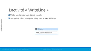 MODULE 2 - CRÉATION ET RÉUTILISATION D’ACTIVITÉS 
SECTION 2: ACTIVITÉS PRÉDÉFINIES 
L’activité «WriteLine » 
Affiche une ligne de texte dans la console 
La propriété « Text » de type « String » est le texte à afficher 
WORKFLOW FOUNDATION 4.5 | MOSTEFAI MOHAMMED AMINE | JUIN 2013 8 
 