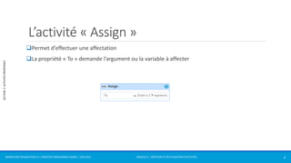 MODULE 2 - CRÉATION ET RÉUTILISATION D’ACTIVITÉS 
SECTION 2: ACTIVITÉS PRÉDÉFINIES 
L’activité « Assign » 
Permet d’effectuer une affectation 
La propriété « To » demande l’argument ou la variable à affecter 
WORKFLOW FOUNDATION 4.5 | MOSTEFAI MOHAMMED AMINE | JUIN 2013 9 
 