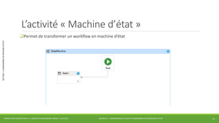 MODULE 3 - DIAGRAMMES DE FLUX ET DIAGRAMMES DE MACHINES D’ETAT 
SECTION 3 :DIAGRAMMES DE MACHINE D’ÉTAT 
L’activité « Machine d’état » 
Permet de transformer un workflow en machine d’état 
WORKFLOW FOUNDATION 4.5 | MOSTEFAI MOHAMMED AMINE | JUIN 2013 17 
 