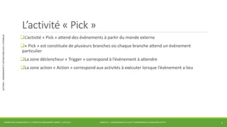 MODULE 3 - DIAGRAMMES DE FLUX ET DIAGRAMMES DE MACHINES D’ETAT 
SECTION 1 : HÉBERGEMENT ET INTERACTIONS AVEC L’EXTÉRIEUR 
L’activité « Pick » 
L’activité « Pick » attend des évènements à partir du monde externe 
« Pick » est constituée de plusieurs branches où chaque branche attend un évènement 
particulier 
La zone déclencheur « Trigger » correspond à l’évènement à attendre 
La zone action « Action » correspond aux activités à exécuter lorsque l’évènement a lieu 
WORKFLOW FOUNDATION 4.5 | MOSTEFAI MOHAMMED AMINE | JUIN 2013 5 
 