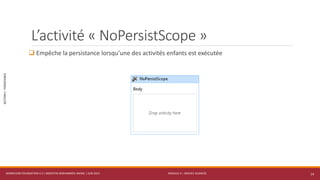 MODULE 4 – SERVICE AVANCÉS
SECTION1:PERSISTANCE
L’activité « NoPersistScope »
 Empêche la persistance lorsqu’une des activités enfants est exécutée
WORKFLOW FOUNDATION 4.5 | MOSTEFAI MOHAMMED AMINE | JUIN 2013 14
 